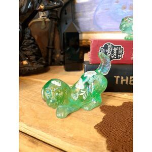 Vintage Fenton Hand Painted Green Carnival Glass Dog Figurine, Signed C. Curry 1